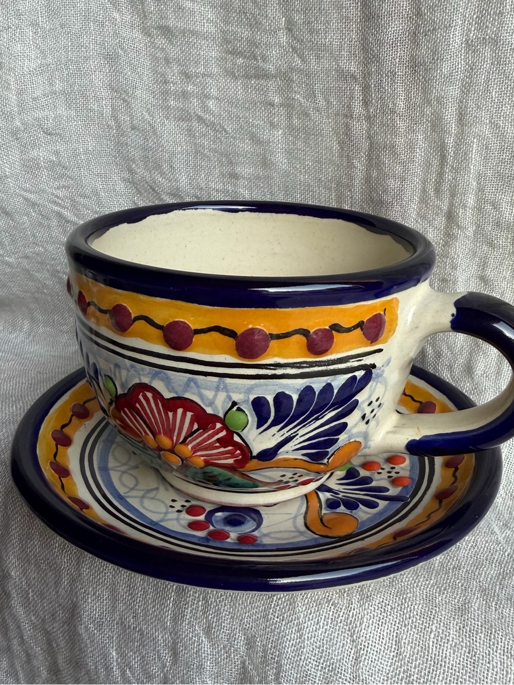 Talavera, Mexican Hand-Painted Floral Ceramic Cup & Saucer